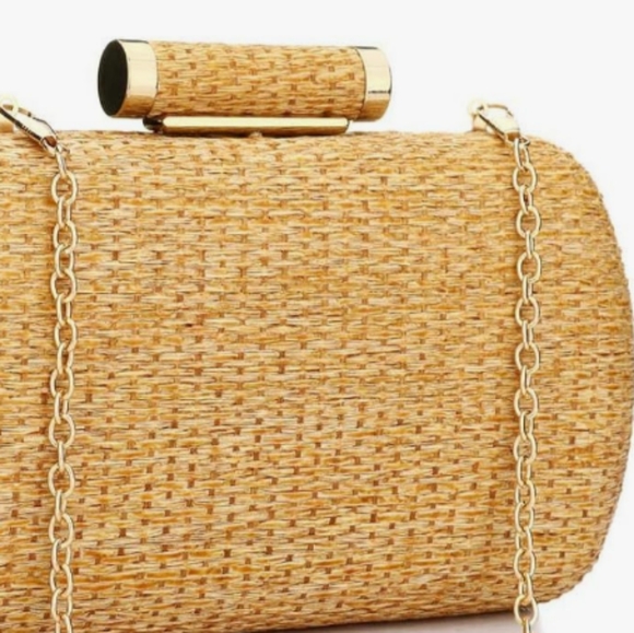 Tan Rattan Hard Case Clutch Purse Woven Wicker Handbag Crossbody Bag Long Chain - Picture 8 of 13